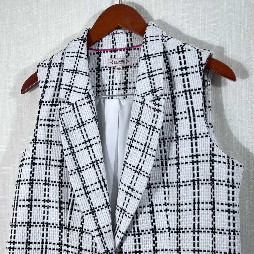 Nanette Lepore Black & White Woven Tweed Plaid One Button Blazer Vest Size M